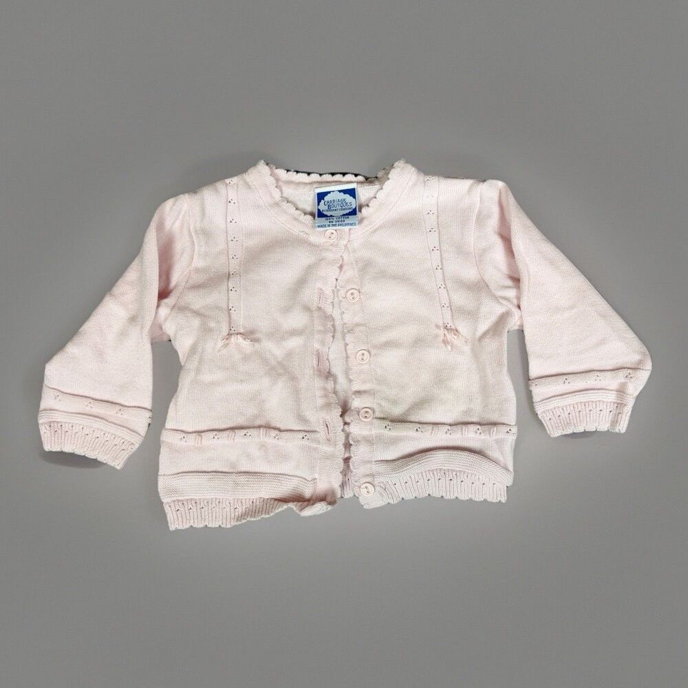 Carriage Boutiques Baby Cardigan Pink Knit Ruffle Trim 12 Months Cotton Classic